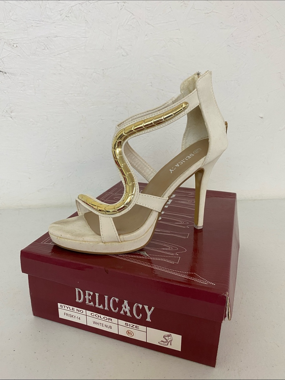 Delicacy Ivory Nubuck High Heel Sandal with Gold Accent